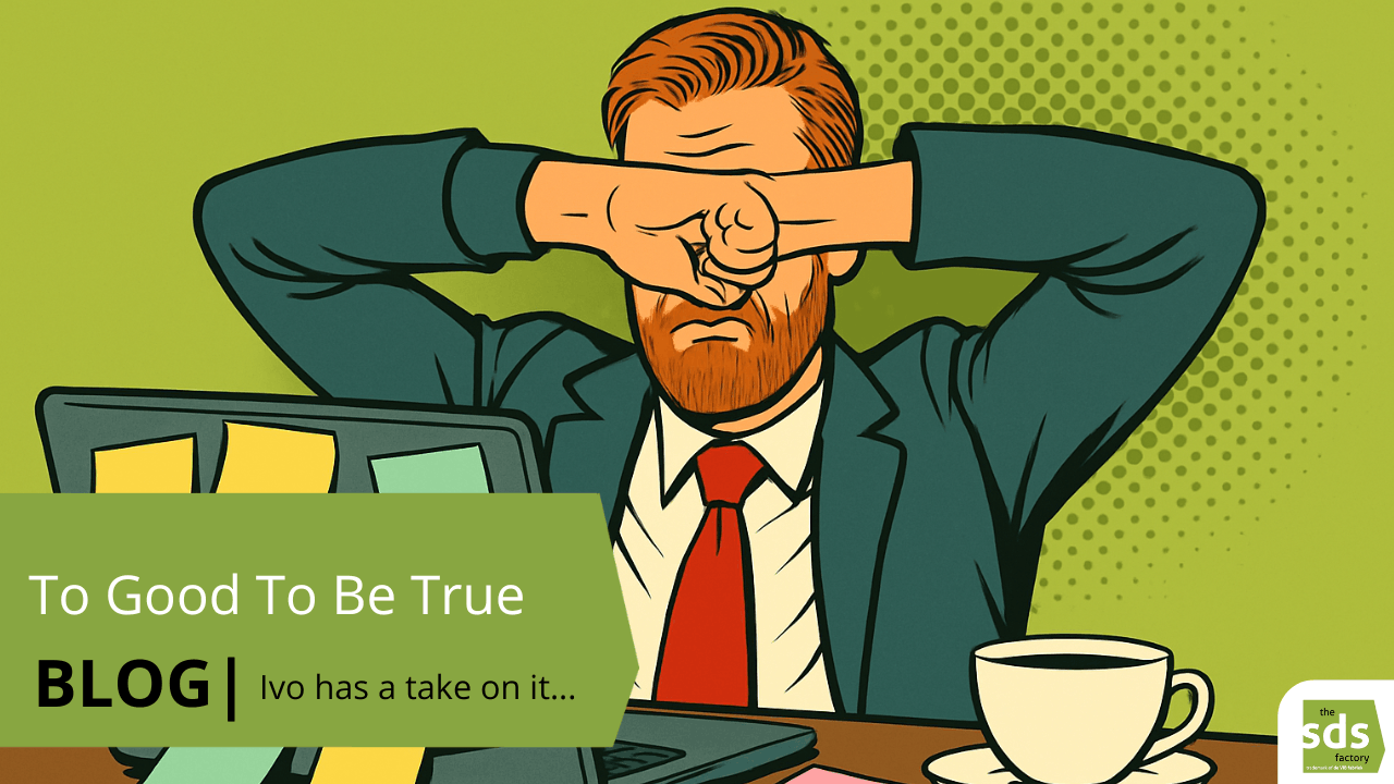 Bearded man in suit looking frustrated behind laptop with sticky notes blog too good to be true
