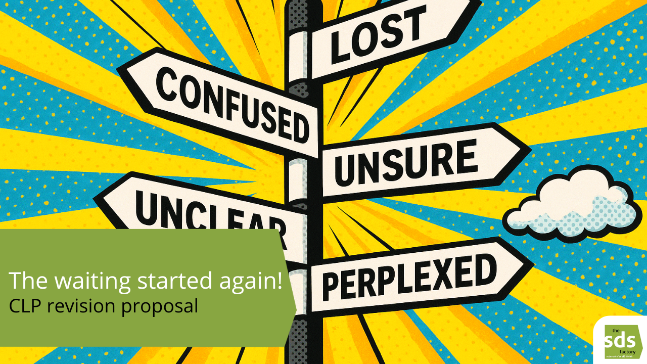 Comic-style signpost with words Lost, Confused, Unclear, Unsure, Perplexed; banner says 'The waiting started again! CLP revision proposal'.
