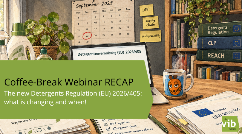 Editorial illustration of a desk with laptop, cleaning products, EU regulatory documents and a calendar with September 2029 circled, as featured image for the Coffee-Break Webinar recap on the new Detergents Regulation (EU) 2026/405