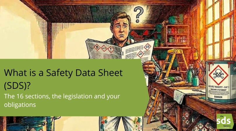 Illustration of a painter in a workshop looking puzzled while holding a safety data sheet with GHS pictograms