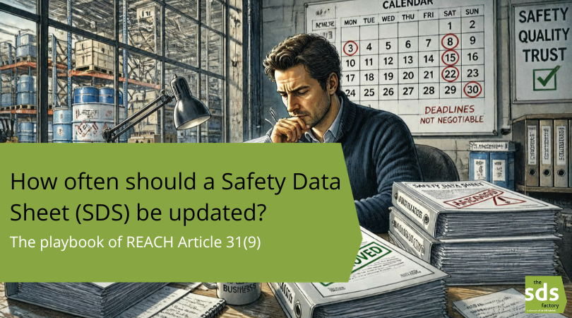 Business professional reviewing Safety Data Sheets at his desk with a calendar and warehouse in the background — How often should an SDS be updated under REACH Article 31(9)